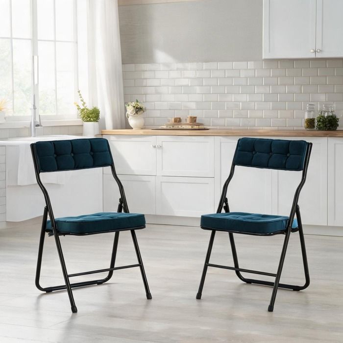Chaises pliantes rembourrées bleu doux – 2 pièces – Structure acier – Repas et réception