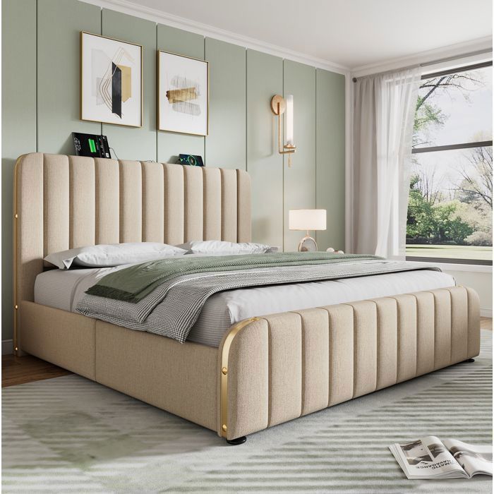 Lit adulte 160x200 cm avec 4 tiroirs de rangement sommier à lattes USB Type-C en lin beige matelas inclus