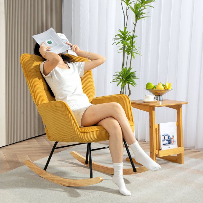 JOINERY fauteuil à bascule relax accoudoirs dossier haut 71 x 98 x 101 cm acier bois de hêtre tissu jaune salon chambre