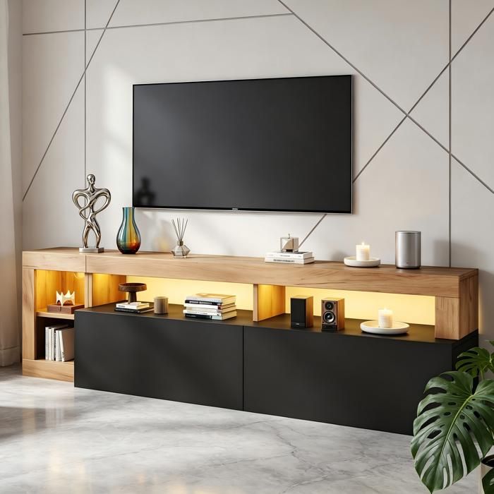 Meuble TV Noir Haut Brillant avec Eclairage LED 2 Portes Compartiments Armoire TV 184cm