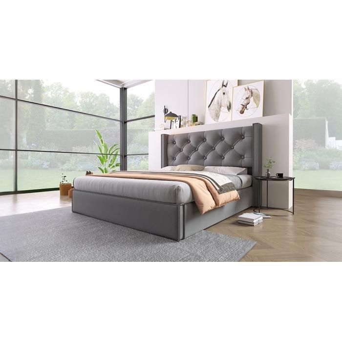 CollaHausse Lit Capitonné 160x200 cm Gris en Coton avec Vérin et Sans Matelas