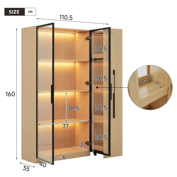 Meuble vitrine avec LED et rangement lateral coulissant 110 5x35x160 cm porte en verre MDF decor chene ORVRYN