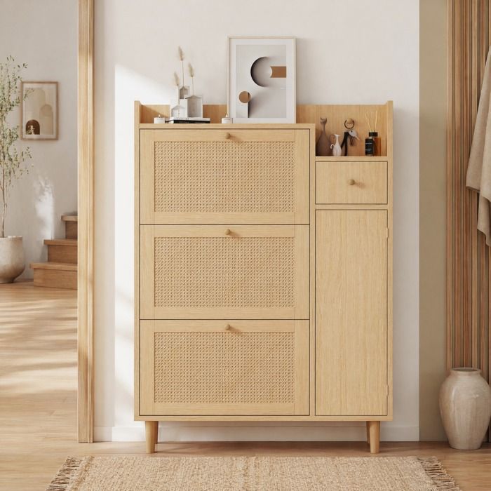 VEVXYN meuble à chaussures armoire gain de place 90 x 17 x 125 cm MDF bois massif naturel rotin 3 portes abattantes 1 tiroir