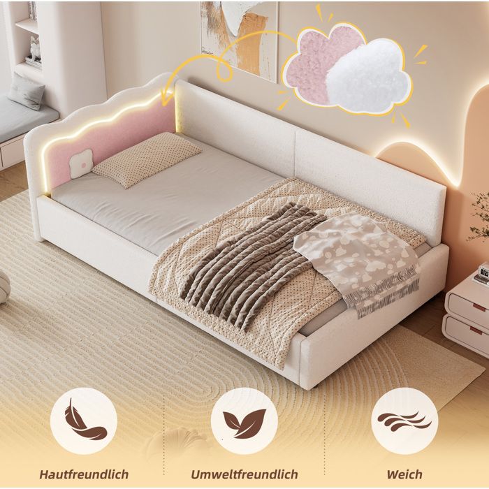 Lit banquette 1 place 90×200 cm LED sommier à lattes sans matelas - LPOSPI - MDF Vliesimitat blanc