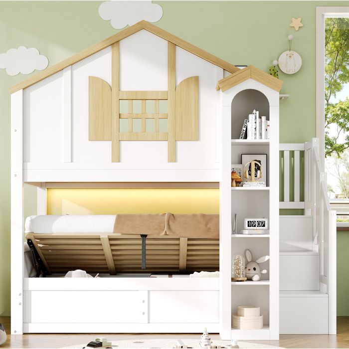 Lit superposé enfant 90 x 200 cm en bois et MDF avec LED escalier de rangement et coffre hydraulique blanc