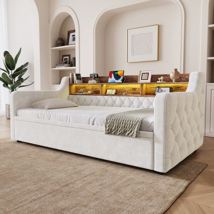 Canapé-lit velours 90x190cm lit gigogne rangement bois LED USB-C salon chambre beige Sans Matelas Canapé-lit velours 90x190cm lit gigogne rangement bois LED USB-C salon chambre beige Sans Matelas