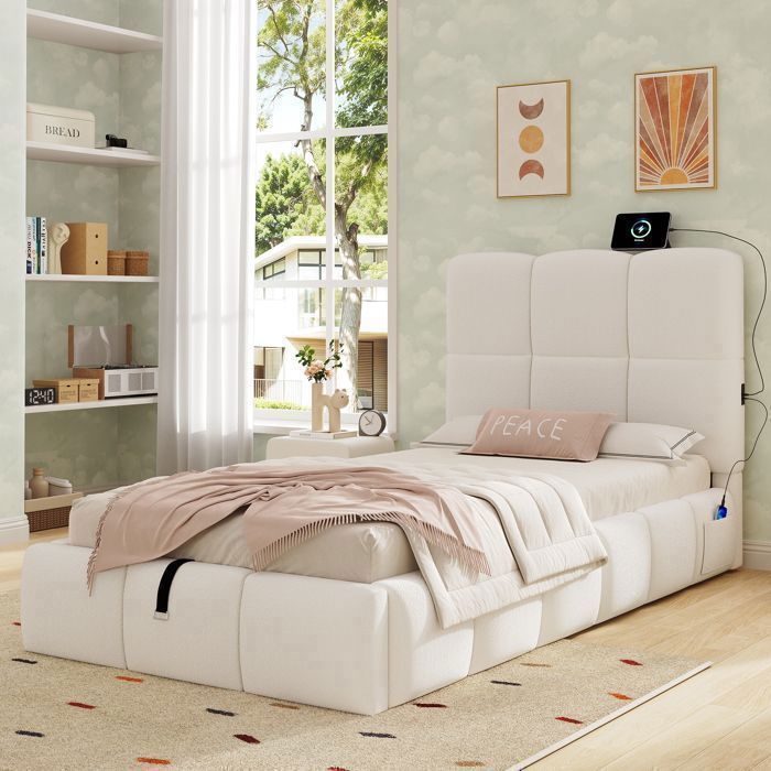 Lit simple coffre - MERAX - Lit coffre enfant 90 x 200 cm - Bouclé beige - Sommier relevable hydraulique - Ports USB/USB-C