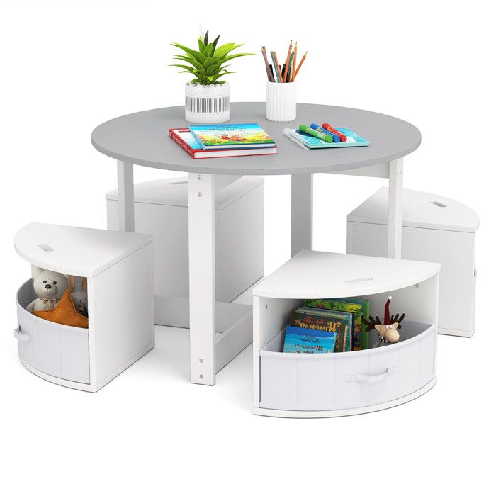 Ensemble 5 pièces table ronde enfant avec 4 tabourets de rangement pour activités gain de place