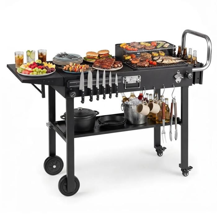 Desserte 2 niveaux pliable pour barbecue et plancha table extérieure de cuisson avec rangement et roulettes