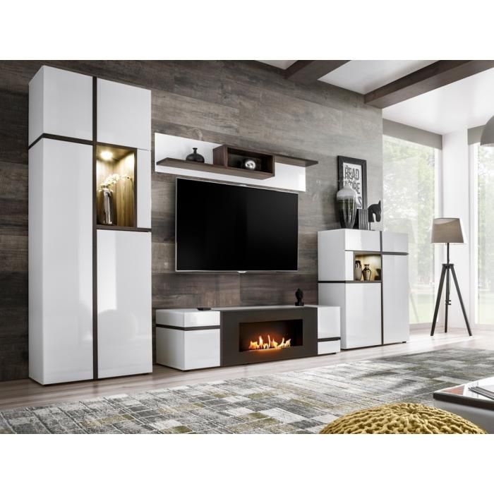 Ensemble meuble TV mural Cross avec cheminée bioéthanol et LED - Bois MDF blanc brillant et orme Perla - 330 x 195 x 50 cm