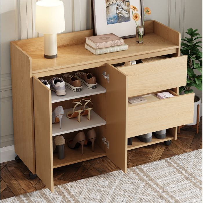 Meuble à Chaussures à Roulettes Freinées Étagères Réglables et Tiroirs - MODENVIE - Entrée MDF Naturel 110×35×86 cm