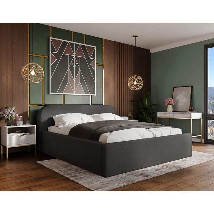 Orane - lit coffre queen size - 160x200 cm - en tissu bouclette - Gris Anthracite Orane - lit coffre queen size - 160x200 cm - en tissu bouclette - Gris Anthracite