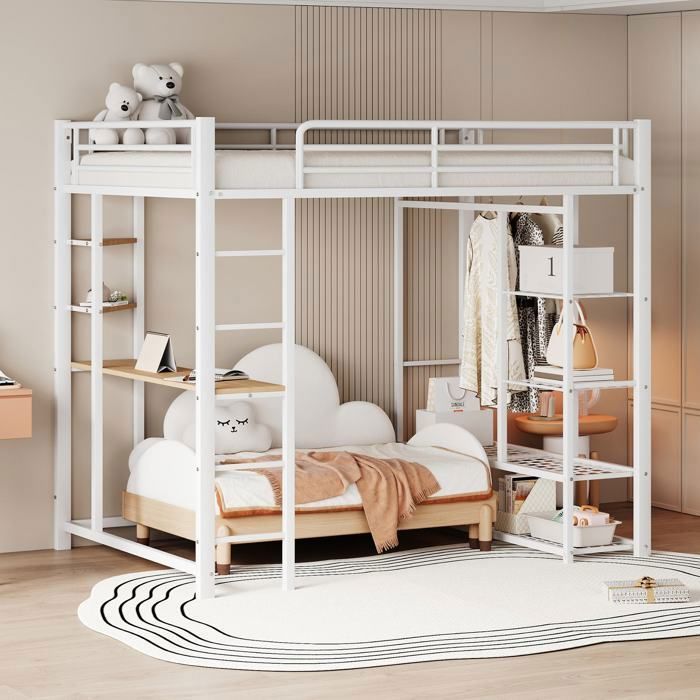 Lit mezzanine 140x200 cm métal blanc avec bureau penderie étagères et échelle lit surélevé enfant ado gain de place