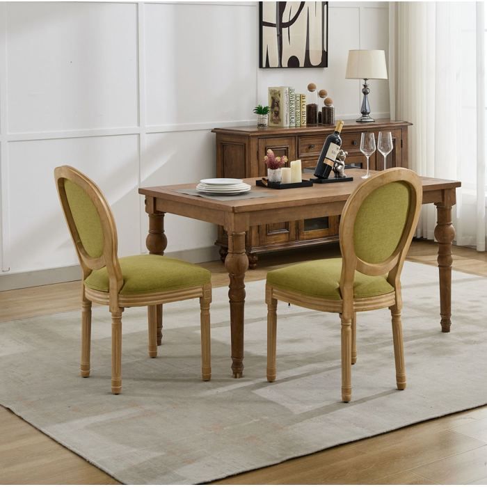Chaise de salle à manger style français AESVAR lot de 2 lin vert olive dossier ovale bois finition patinée