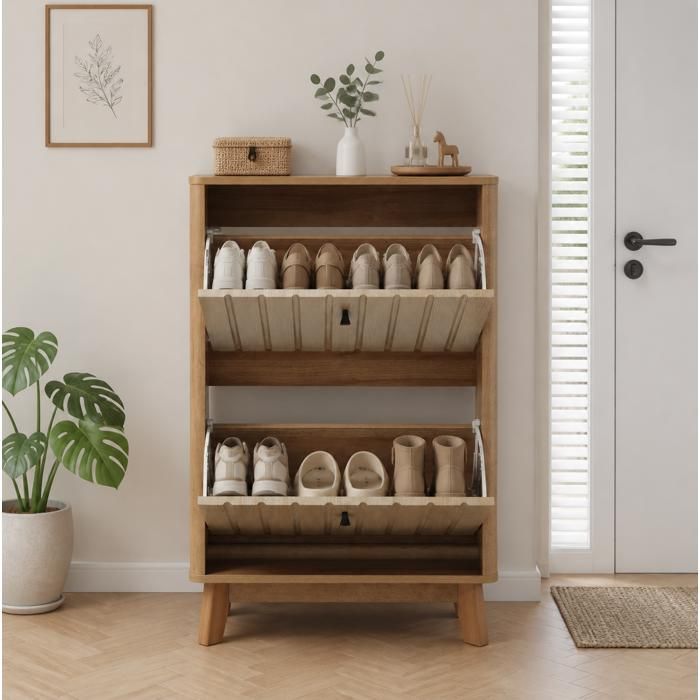 WUVRIE Meuble à chaussures dentrée 60 cm ultra-mince à abattant décor chêne 3 portes 12 à 16 paires