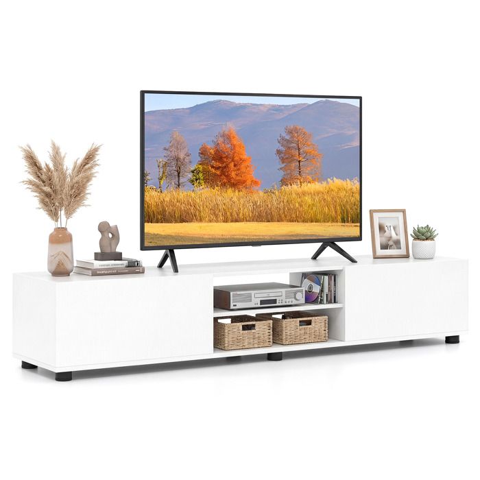 GIANTEX Meuble TV 160 CM pour Téléviseurs à 70 Banc TV Bas avec 2 Portes à Fermeture Douce Étagères Ouvertes Charge 130kg Blanc GIANTEX Meuble TV 160 CM pour Téléviseurs à 70 Banc TV Bas avec 2 Portes à Fermeture Douce Étagères Ouvertes Charge 130kg Blanc
