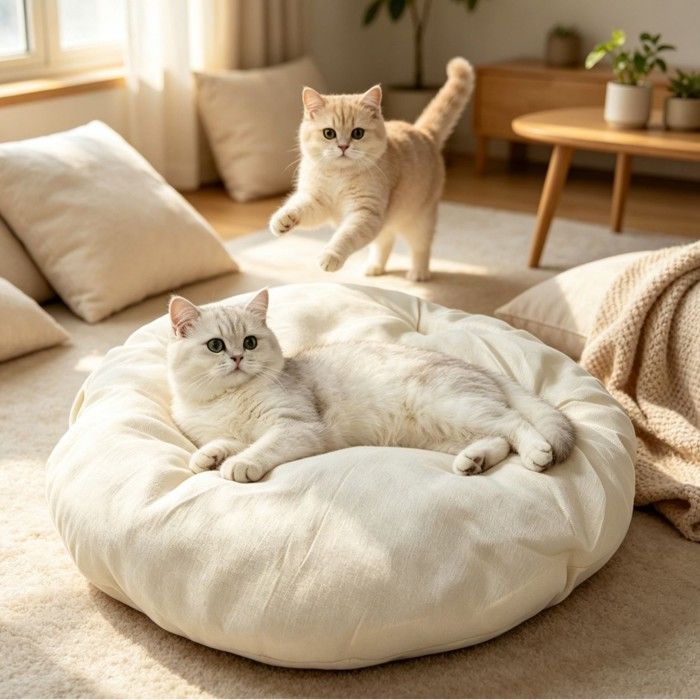 Lit rond chat peluche 45cm beige coussin épais confort lavable antidérapant repos chat domestique