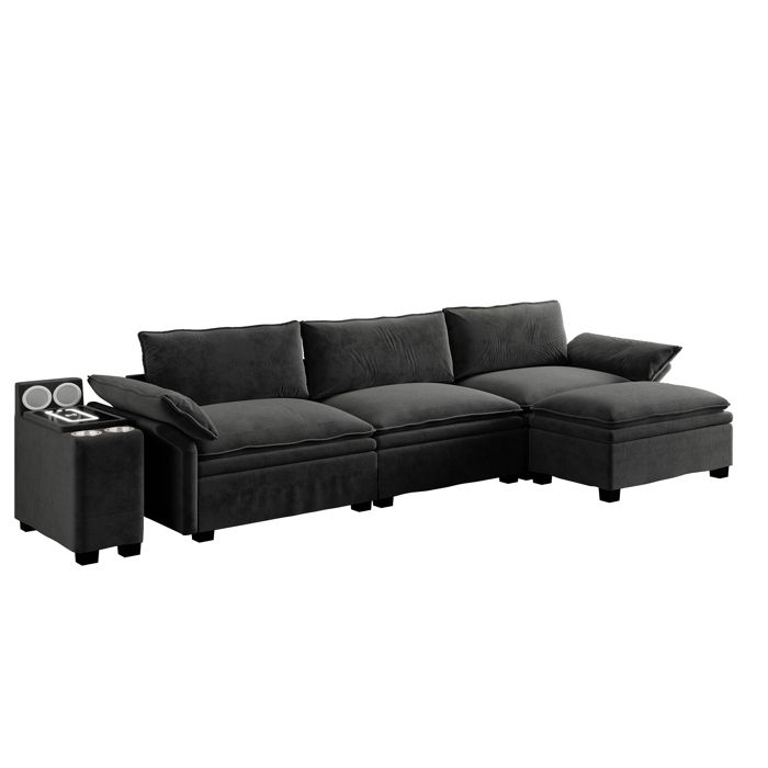 Canapé dangle Modulable 4 Places en Chenille Charge sans fil Haut‑parleurs éclairage LED porte‑gobelets 315x70x85 cm Noir