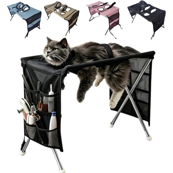 Support de Toilettage pour Animaux 4 Trous avec 2 Sangles de Sécurité Sac de Rangement Cadre Inox Noir