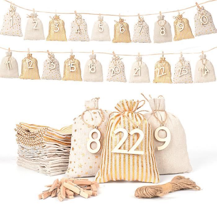 24 Pcs Noël Calendrier de l'Avent Sacs, DIY Sachets en Jute pour