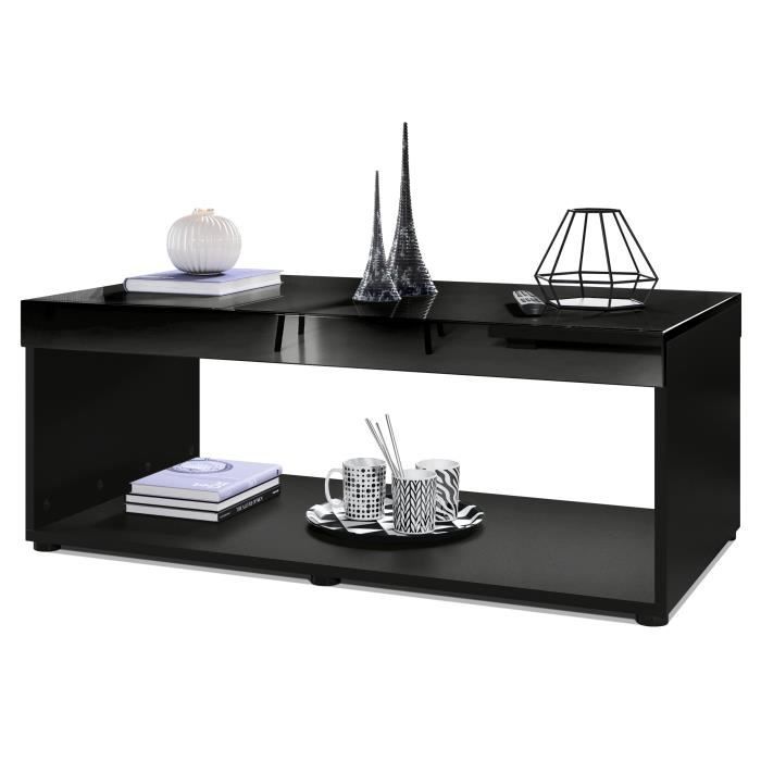 vladon table basse de salon pure avec deux grandes étagères, corps en noir mat - plateau et bordures en noir haute brillance