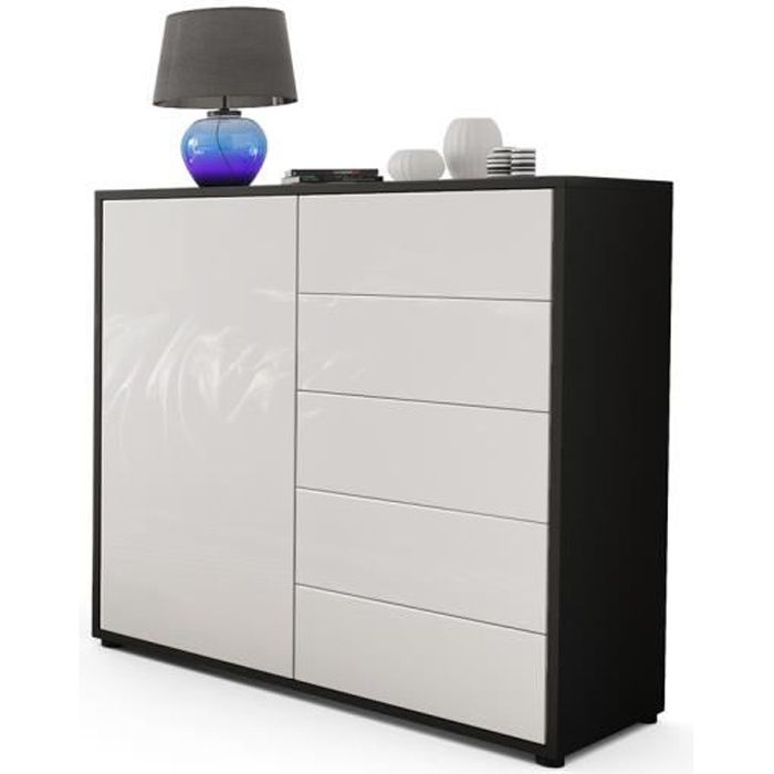 Buffet Grömitz 139x72x35 Cm – 2 Portes Vitrées, 4 Tiroirs, Noir Mat/blanc Brillant !