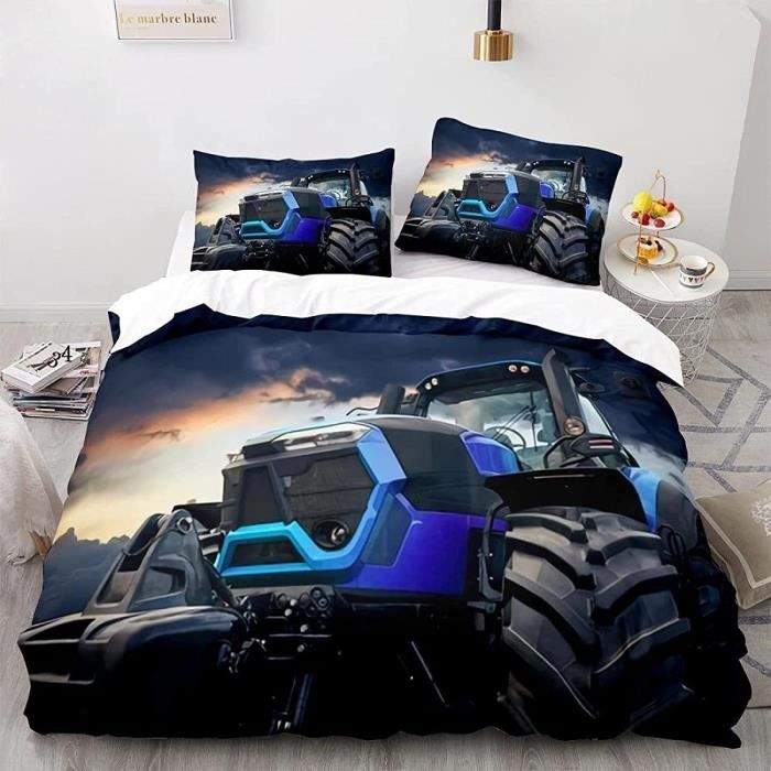 Housse de Couette Tracteur Bleu Parure de Lit pour 2 Personnes