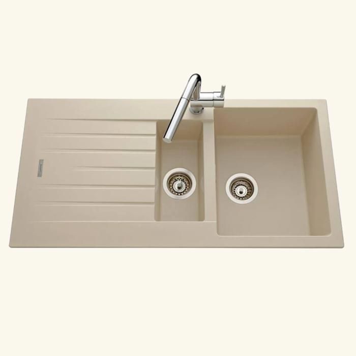 Évier granit beige ALBEY 1 bac et demi - 1 égouttoir 500x1000