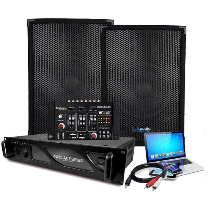 Pack Sono - Ampli AC500W + 2 Enceintes AUDIO CLUB 600W PA DJ SONO MIX LED LIGHT - Table de MIXAGE USB - Câbles complet