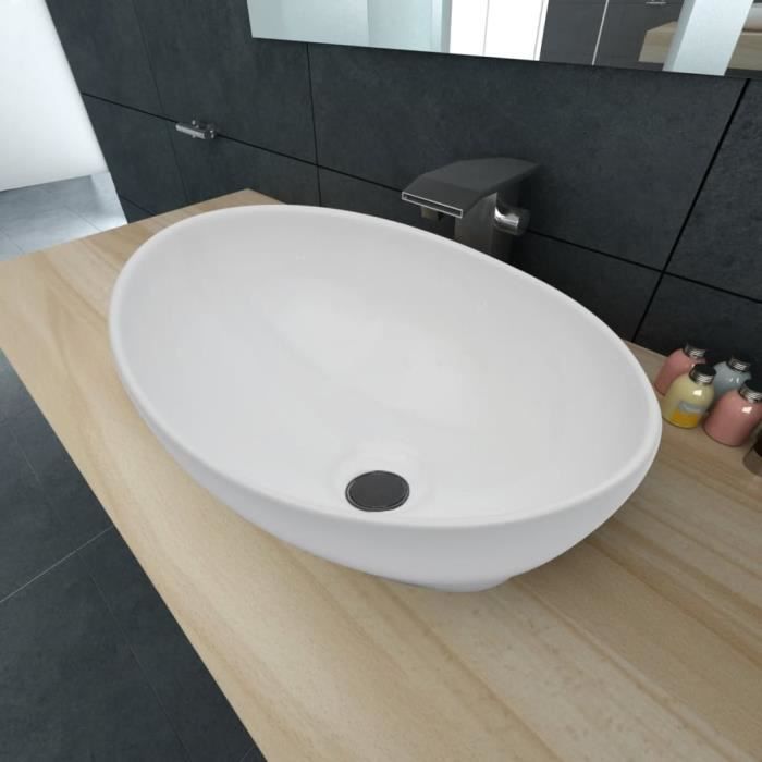 Lave-Mains en céramique ovale 240&{HOME} - Belle finition - Vasque à poser - Blanc