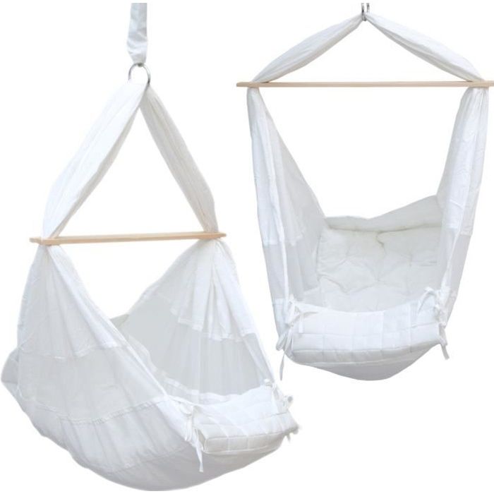 DuneDesign Hamac pour Bébé 100% Coton blanc | avec barre de séparation en bois 2 mousquetons en métal avec housse en tissu | berc...