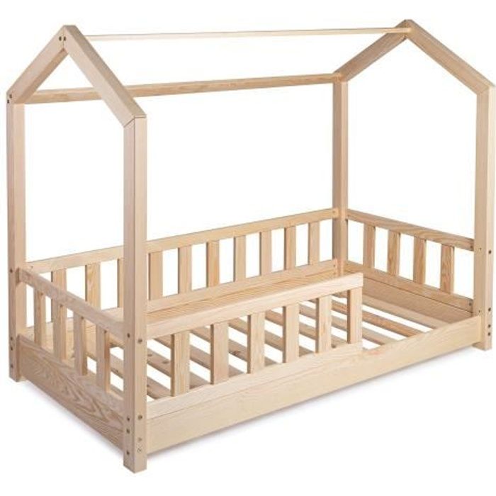 lit d'enfant 60 x 120 cm - lit cabane en bois avec barrière et sommier  - solide et robuste