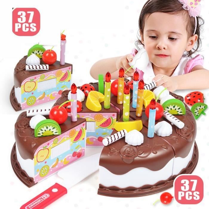 Gâteau enfants Jouets 37 pièces dimitation alimentaire bricolage coupe Party gâteau danniversaire Jouets Set avec des bougies éducation de cuisine Toy Brown 