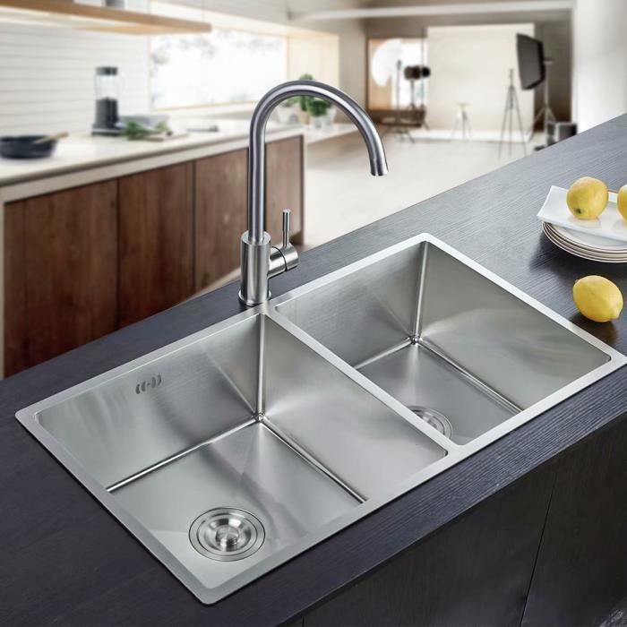 Auralum Évier Cuisine 2 Bacs 80x45x22CM Évier Inox Double avec Trop ...