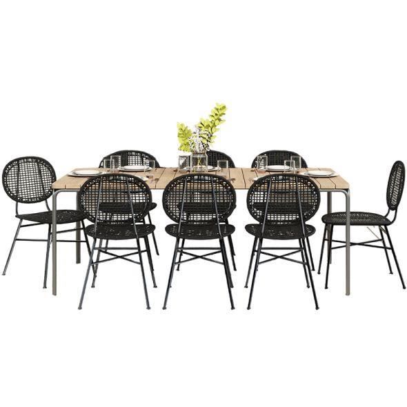 Ensemble table ASTI en bois d'acacia FSC 200 cm et 8 chaises de jardin coloris noir - Beige - 30