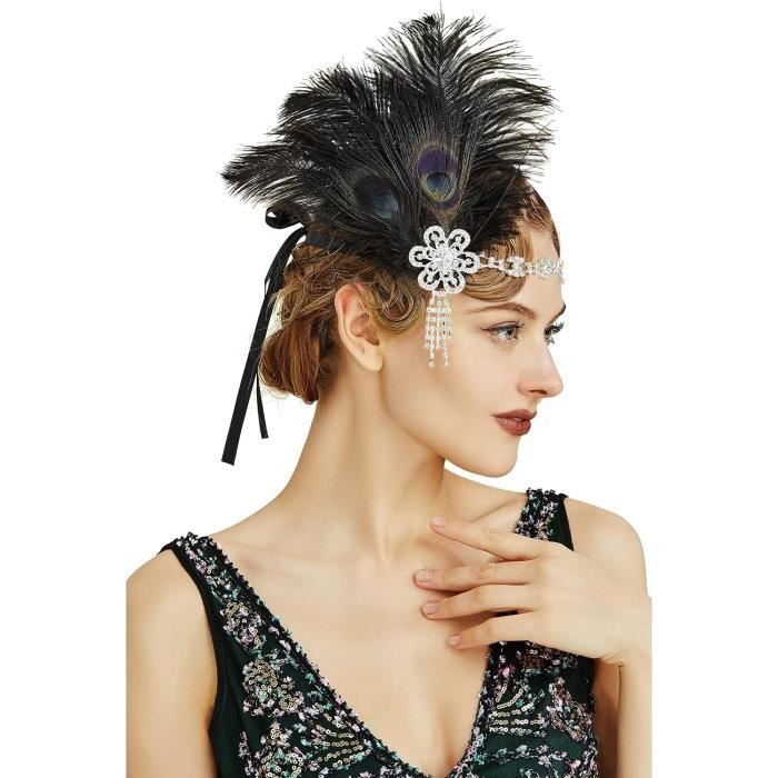 Costume Années 20 - Lot De 9 Accessoires Noirs (gants, Plume, Perles...) - Pour Soirée Gatsby, Halloween, Mascarade