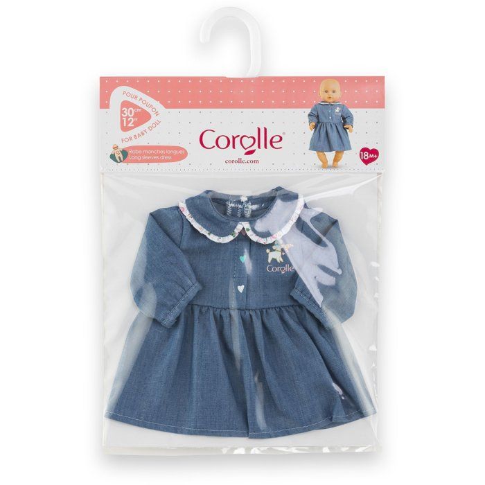 Robe Week-end à Paris - Corolle - 30 cm - Imitation denim - Col claudine - Broderies coeurs