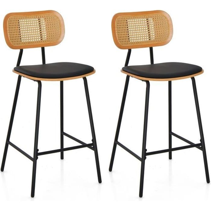 costway lot de 2 tabourets de bar en rotin, hauteur du siège 65,5 cm, chaises de salle à manger sans accoudoirs avec pieds en métal
