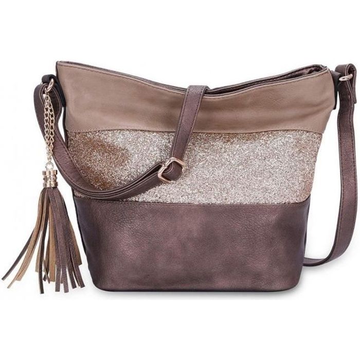 CRAZYCHIC Sac Bandoulière Paillette Femme Sacoche Besace Fourre-Tout  Cuir Souple Porté Main Epaule Rayure Multicolore