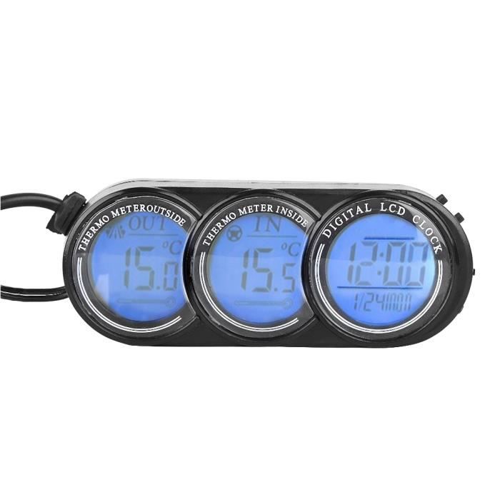 Thermomètre Voiture Multifonction - Température Int/Ext, Voltmètre, Horloge, Écran LCD Rétroéclairé