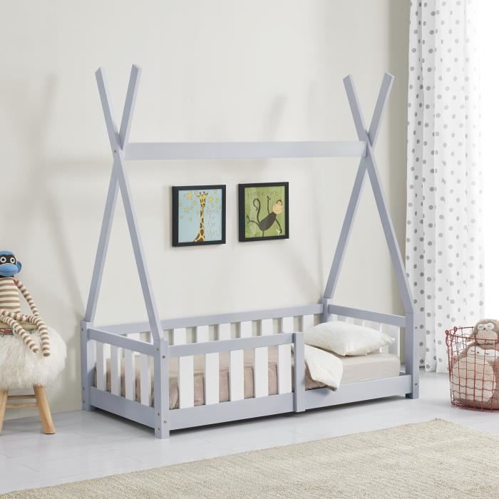 Lit Tipi pour Enfants Helsingborg avec Grille de Sécurité Pin 140 x 70 cm Gris Clair