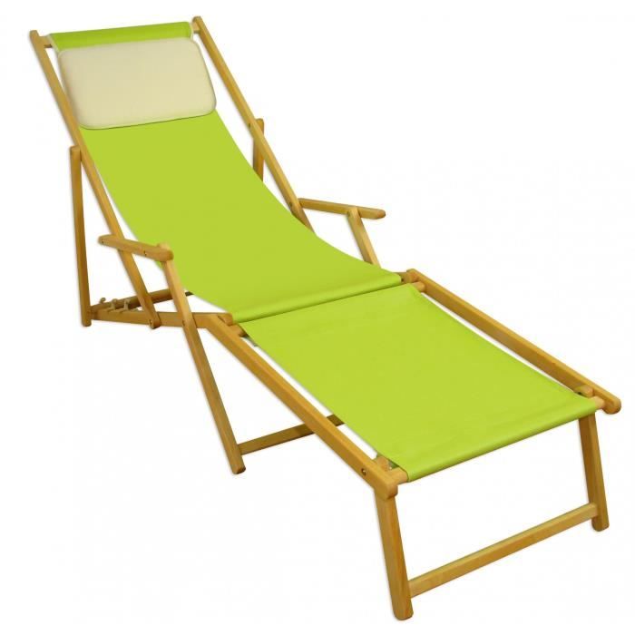 Chaise longue de jardin vert pistache pliante, reposepieds, oreiller