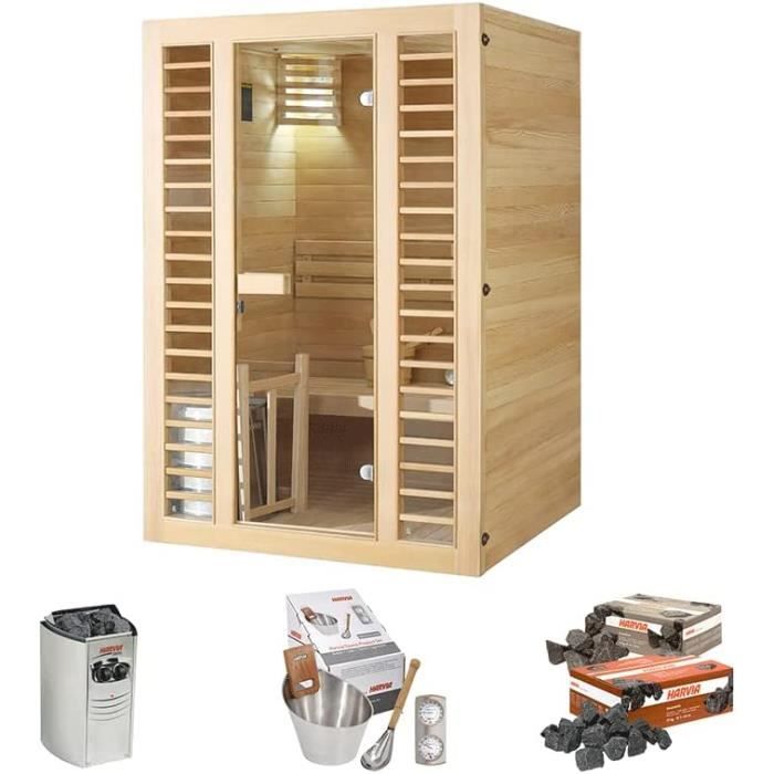 Sauna Neptune 2 places Holl's - Pack accessoires Premium pour sauna traditionnel Seau & Louche + Hygro/Thermomètre
