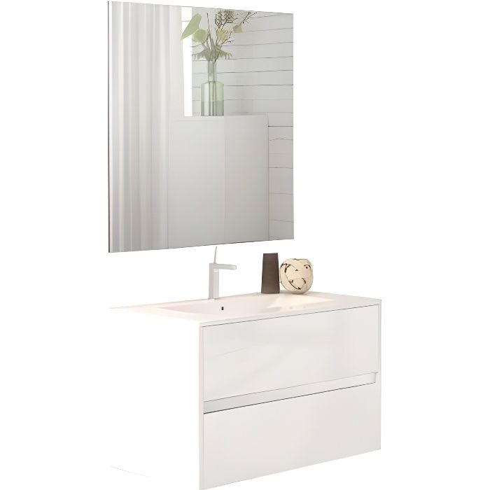 Ensemble De Salle De Bain Lerma Meuble Suspendu Blanc Brillant 80 Cm Cdiscount Maison
