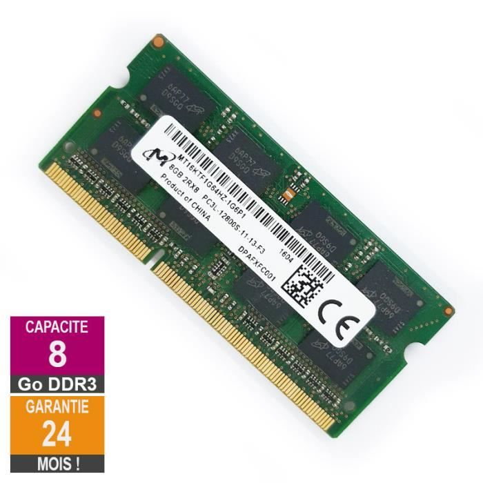 Vente Memoire PC Barrette Mémoire 8Go RAM DDR3 Micron MT16KTF1G64HZ-1G6P1 SO-DIMM PC3L-12800U 2Rx8 pas cher Vente Memoire PC Barrette Mémoire 8Go RAM DDR3 Micron MT16KTF1G64HZ-1G6P1 SO-DIMM PC3L-12800U 2Rx8 pas cher
