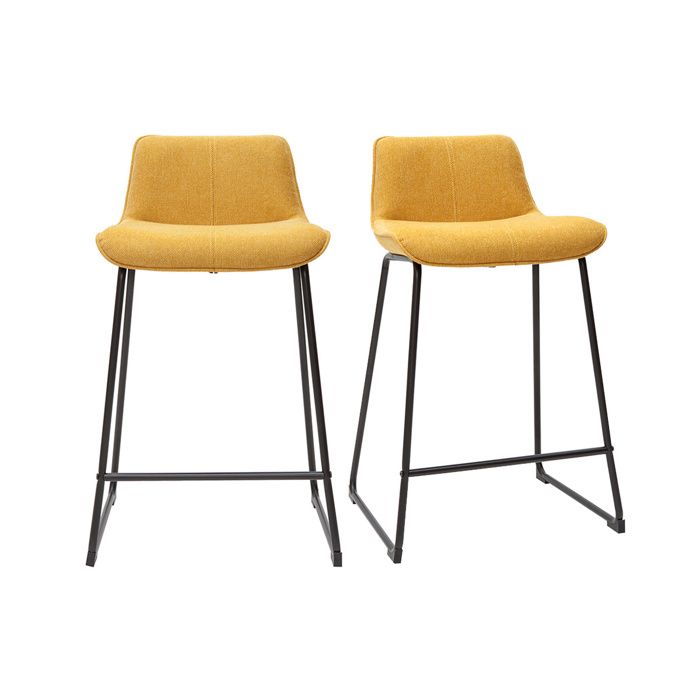 Miliboo - Tabourets de bar en tissu effet velours texturé jaune moutarde et métal H65 cm (lot de 2) BOOST