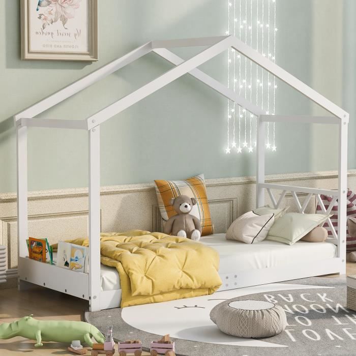 Homestyle4u 2523 - Lit pour Enfant - avec Protection Anti-Chute - 90 x 200 cm - Lit de Sol Montessori - Sommier à Lattes - Blanc