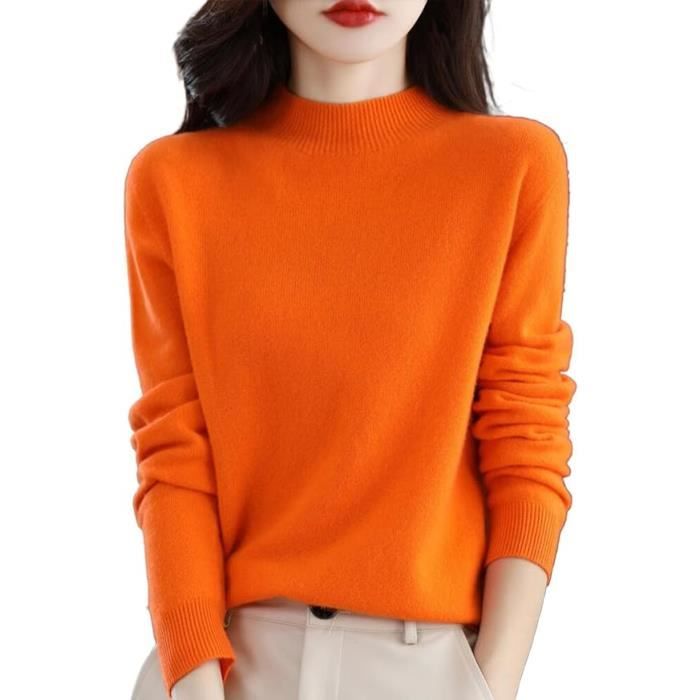 Pull Cachemire Femme Chic Chaud LeGer Manches Longues Col Rond Et Elegant Pull en Tricot Elastique Top couleur orange
