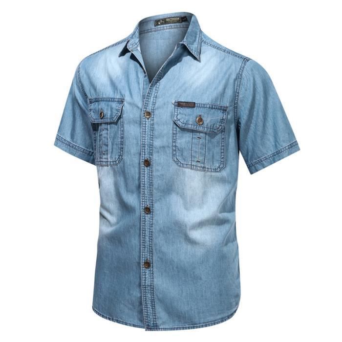 Chemise Homme Col Mao Manches Courtes Chemisette Slim Fit Ete Couleur Unie Tissu Confortable - Bleu clair Bleu clair - Prêt-à-Porter