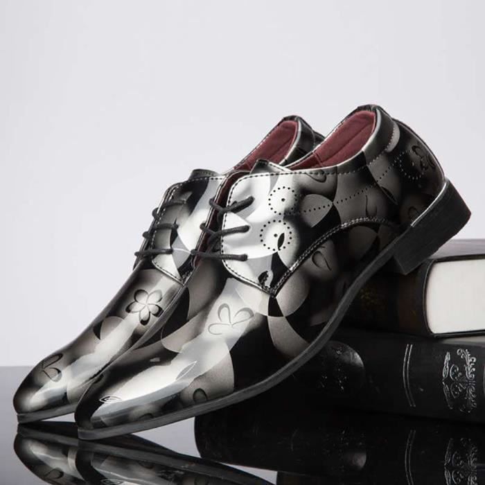 Chaussures Oxford Hommes Cuir Verni Imprimé Gris - Mariage Grande Taille